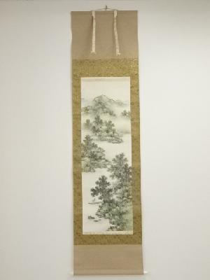 墨泉筆　渓山深秀図　肉筆絹本掛軸（共箱）